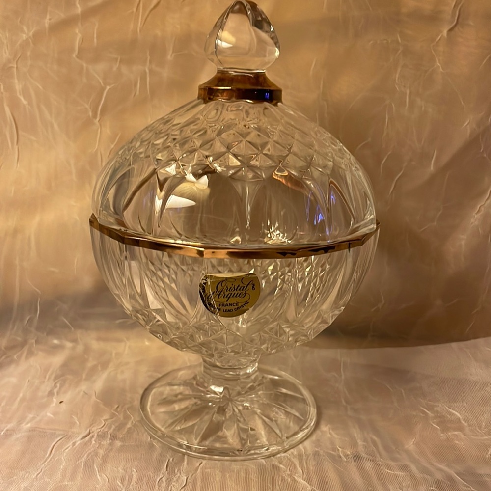 Cristal D’Arques-genuine lead crystal small candy dish w/gold rim & top,…
